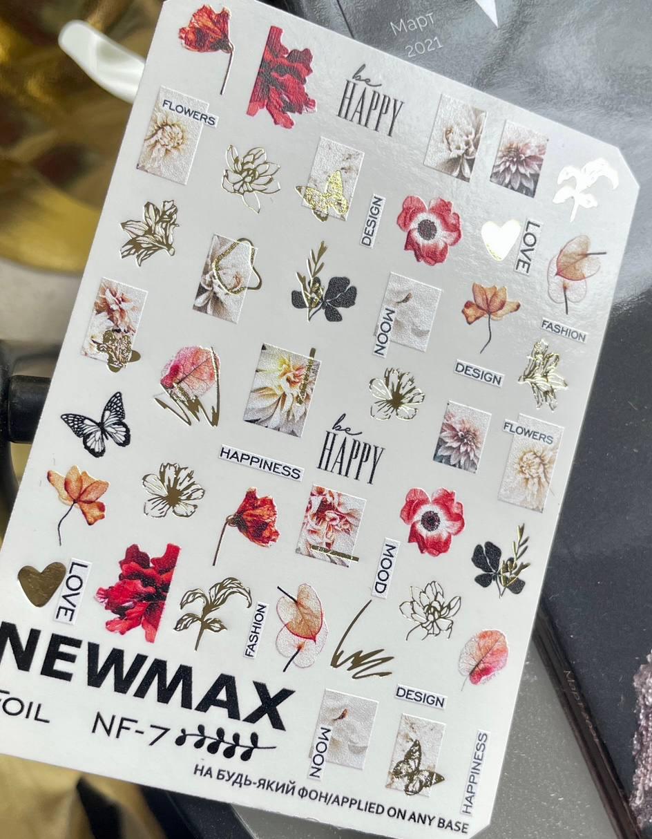New Max 2D Nail Decal NF-7 / Nail Decal FOIL Floral, Butterflies, Foliage, Gold Foil