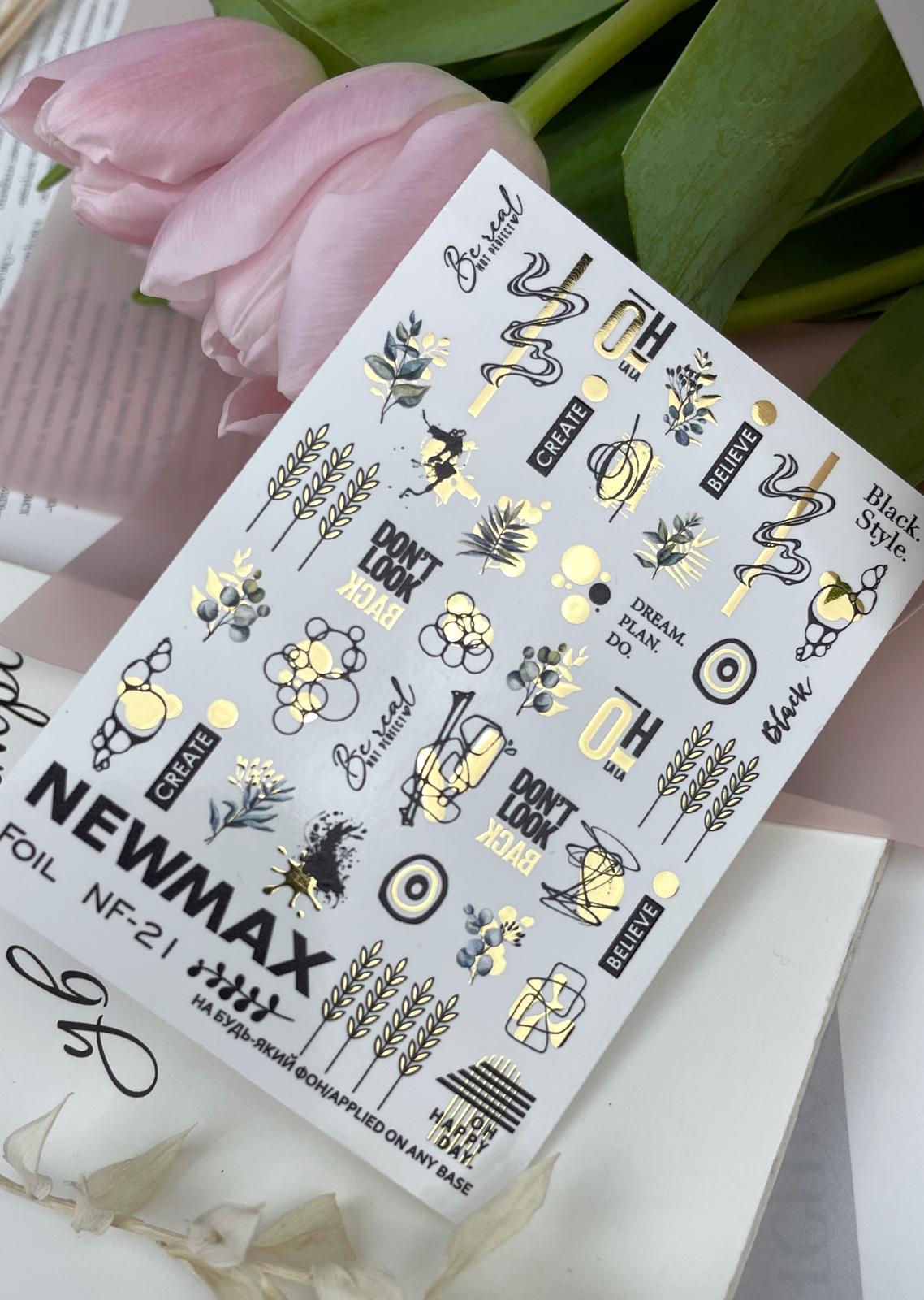 New Max 2D Nail Decal NF-21 / Nail Decal FOIL Abstract, Phrases, Foliage and Patterns
