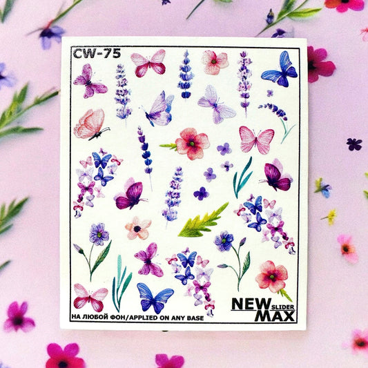 New Max 2D Nail Decal CW-75 / Nail Decal 2D/ Pink and Purple Butterflies
