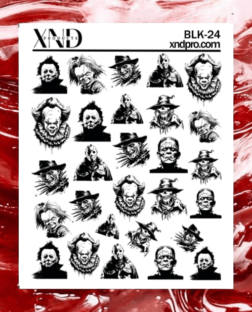 XND Products 2D Nail Decal BLK-24 / Nail Water Decal Villains/ Michael Myers, Chucky, Freddy Krueger, Jason Voorhees, Scarecrow
