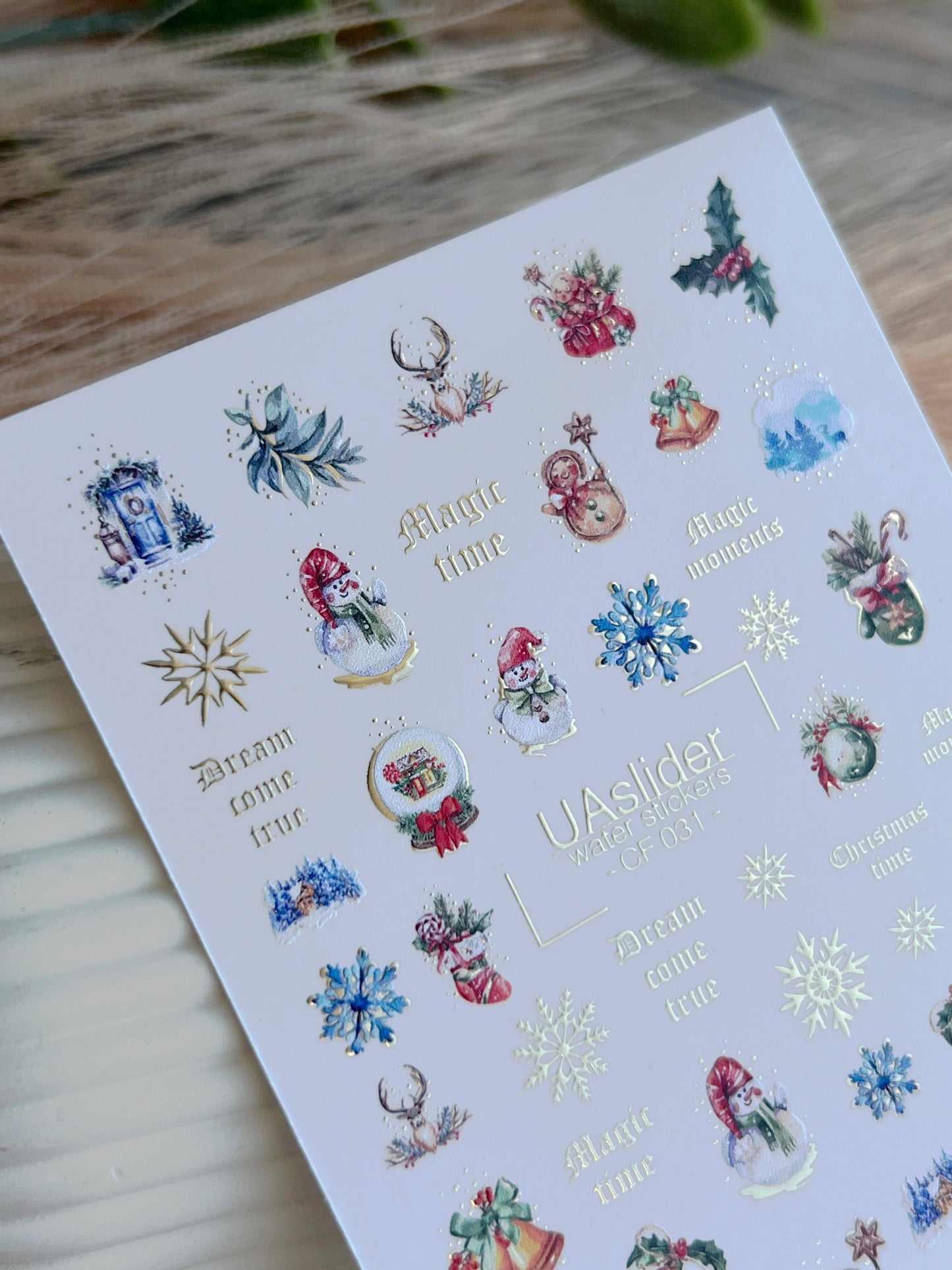 UA Slider 2D Nail Decal CF-031 Water Slide Nail Decals Snowflakes Snowmen Reindeer Holiday Nails