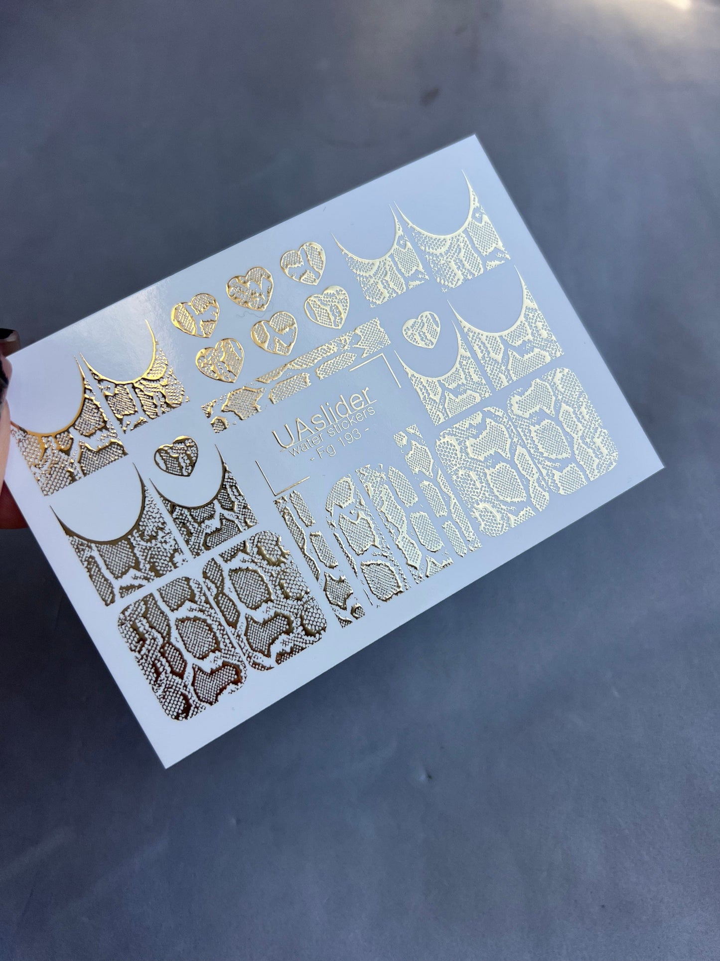 UA Slider 2D Nail Decal FG-193 Gold Snake Print French Tip Nail Decals | Metallic Lace & Heart Nail Art Stickers