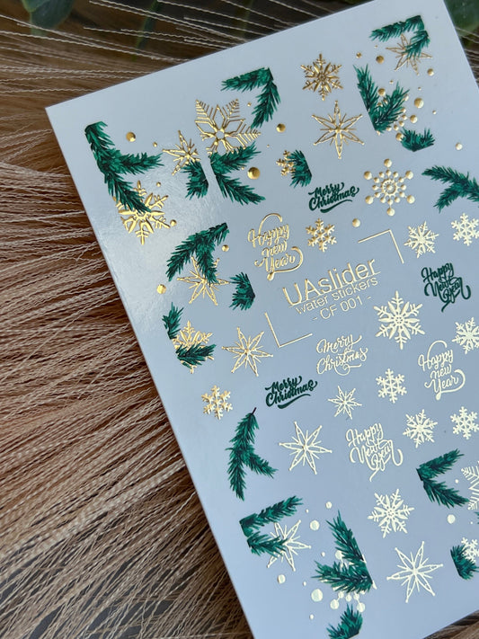 UA Slider 2D Nail Decal CF-001 Nail Water Decal Gold FOIL/ Christmas Pine/ Snowflakes/ Merry Christmas/ Happy New Year