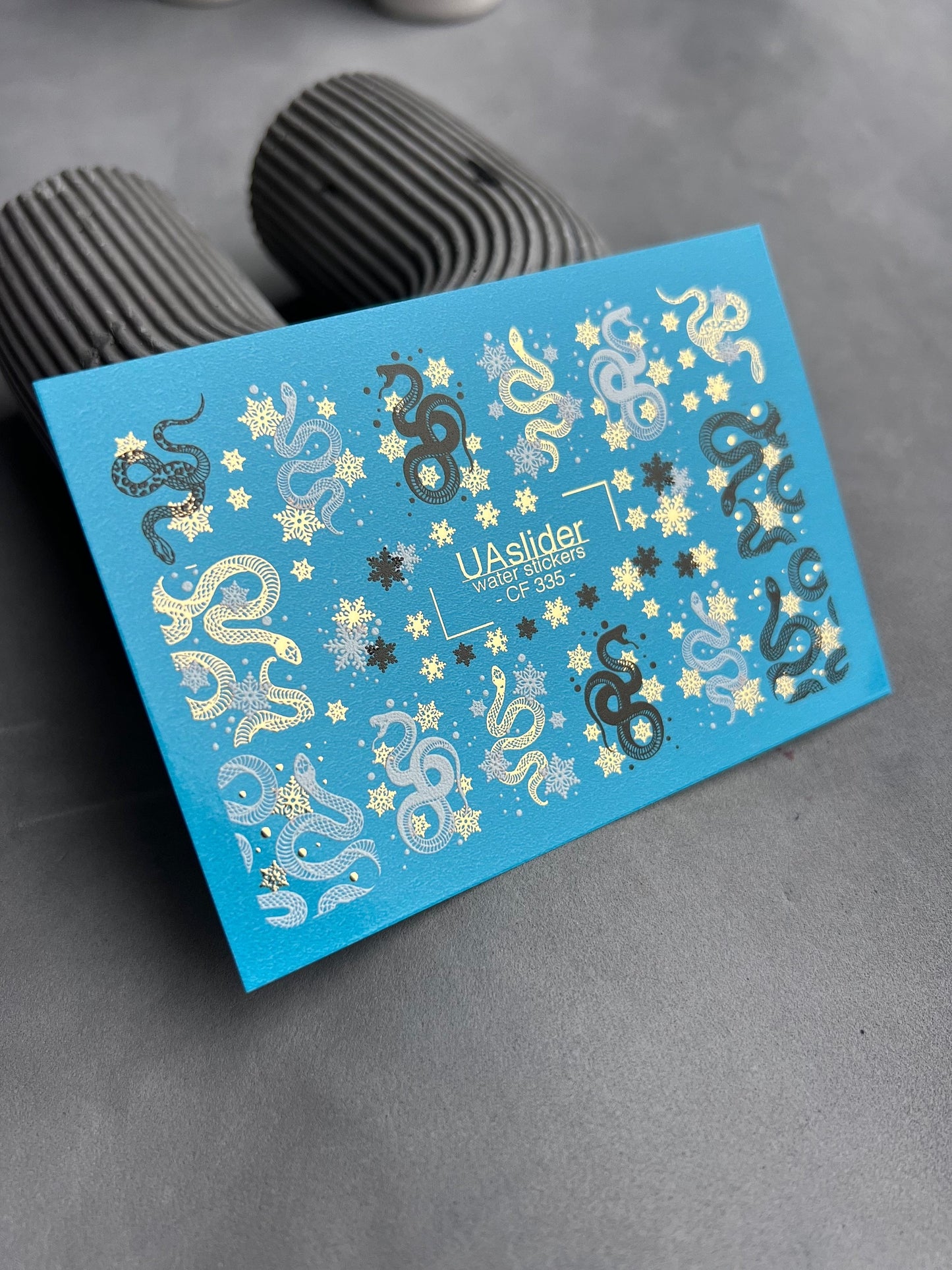 UA Slider 2D Nail Decal CF-335 Snake Motif with Snowflakes Black White Gold Water Slide Nail Decals winter nails gothic christmas nails