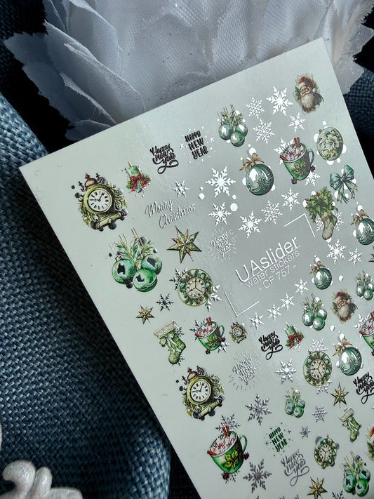 UA Slider 2D Nail Decal CF-757 Christmas Green Ornaments and Silver Snowflakes, Santa Water Decals