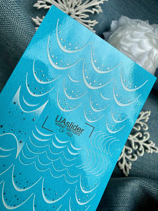 UA Slider 2D Nail Decal CF-762 Silver Stars French Garland Nail Water Decals