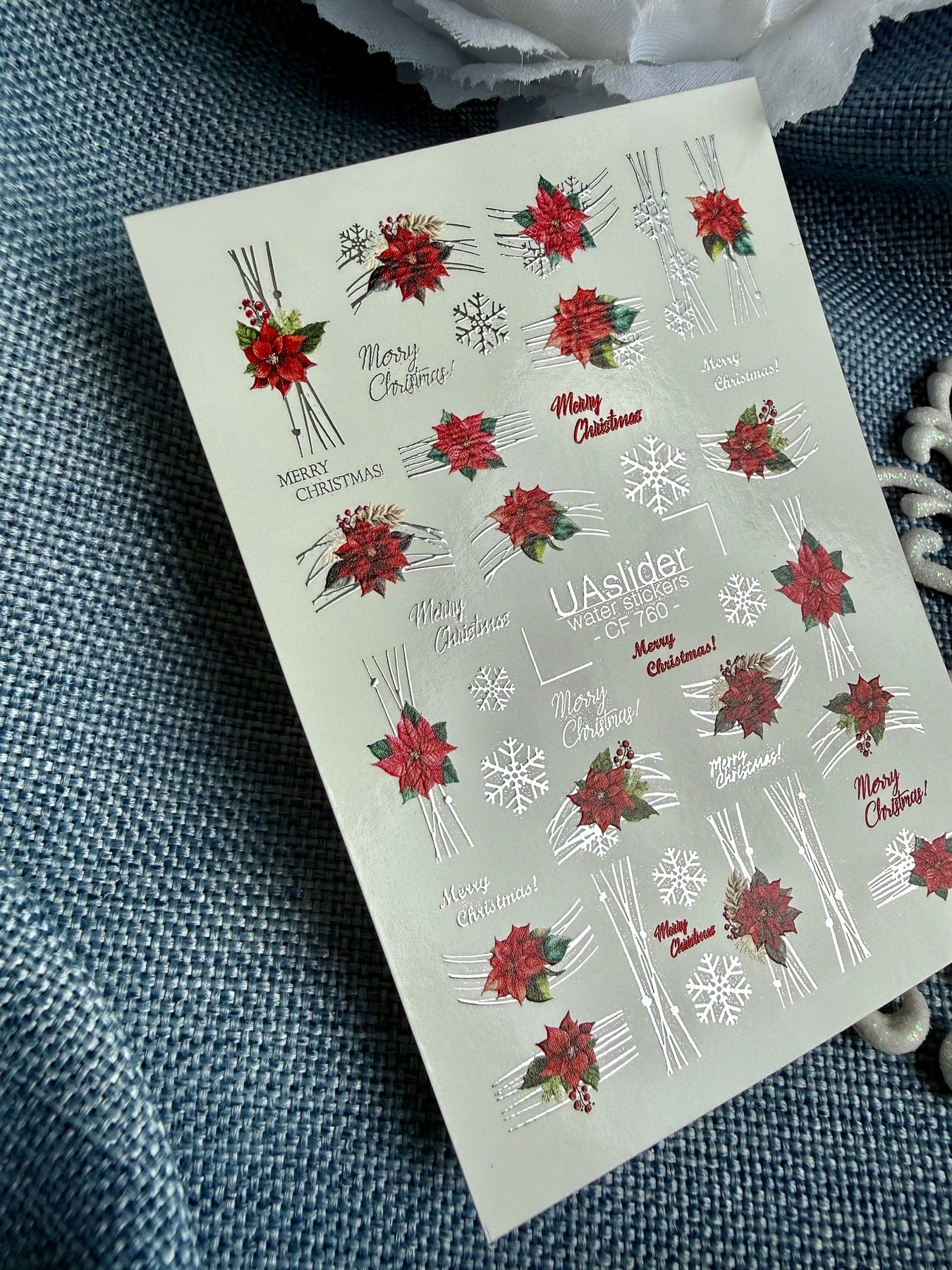 UA Slider 2D Nail Decal CF-760 Christmas Poinsettia & Snowflake Water Decals