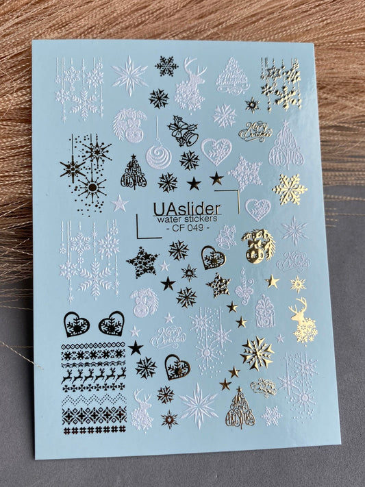 UA Slider 2D Nail Decal CF-049 Water Slide Nail Decals Snowflakes Reindeer & Festive Ornaments