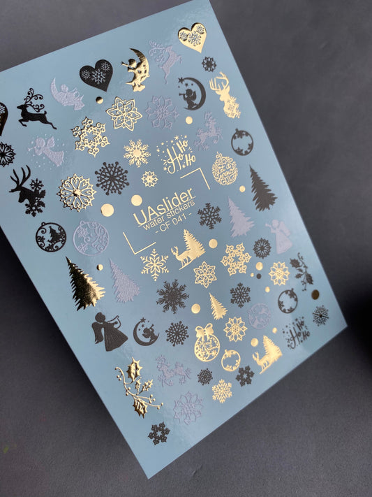 UA Slider 2D Nail Decal CF-041 Angels Reindeer Trees Snowflakes Ornaments Water Slide Nail Decals christmas nails winter nail art