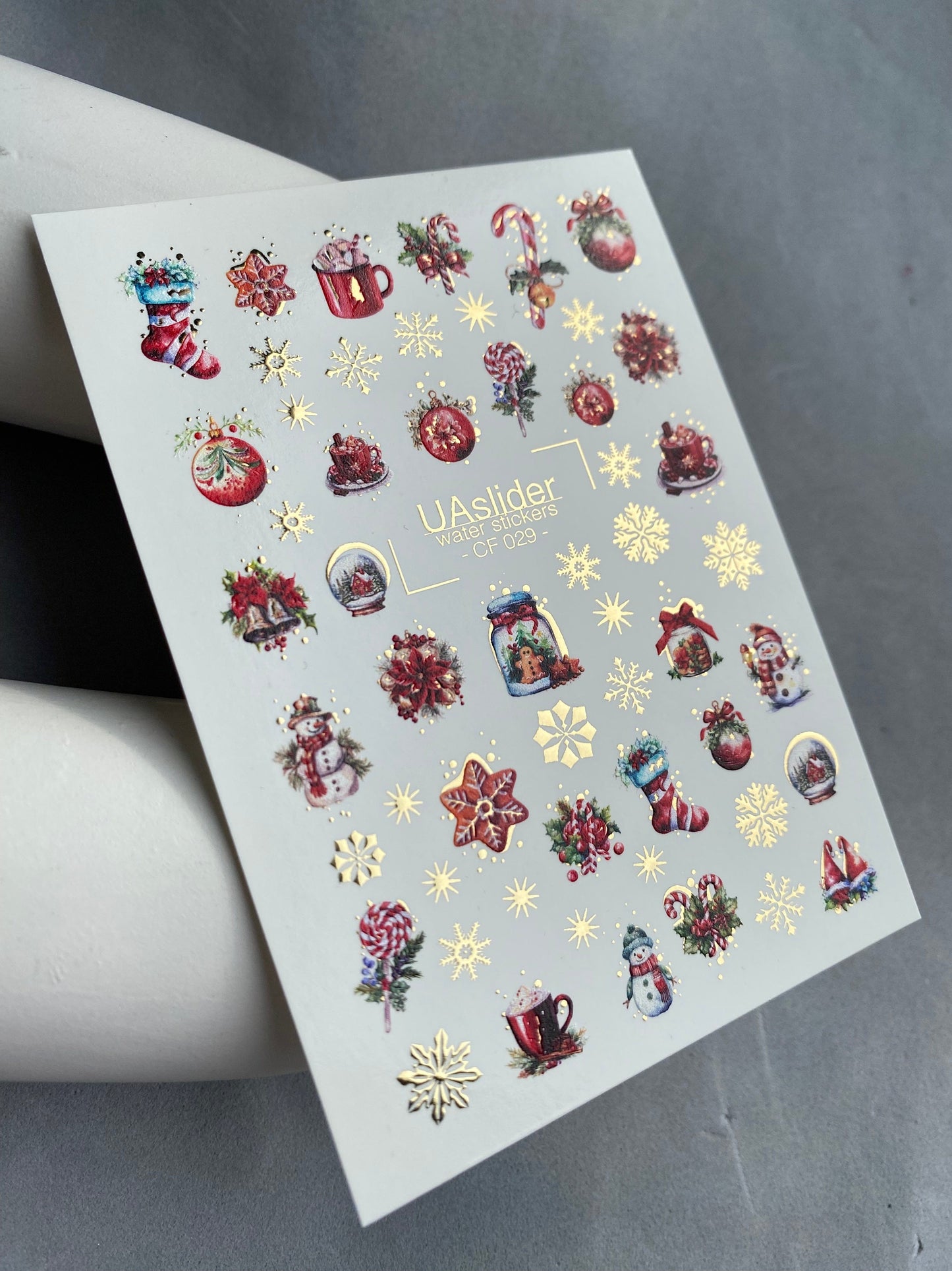 UA Slider 2D Nail Decal CF-029 Water Slide Nail Decals Ornaments Snowflakes and Christmas Candy with Gold Foil