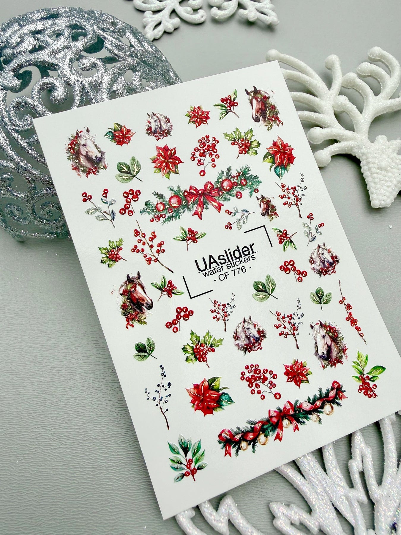 UA Slider 2D Nail Decal CF-776 Christmas Horses & Holly Gold Foil Nail Decals