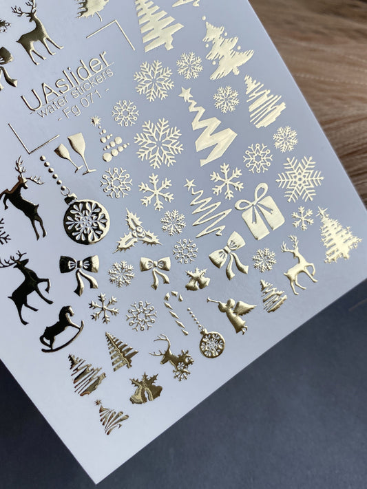 UA Slider 2D Nail Decal FG-071 Water Slide Nail Decals Gold Stars and Winter Florals