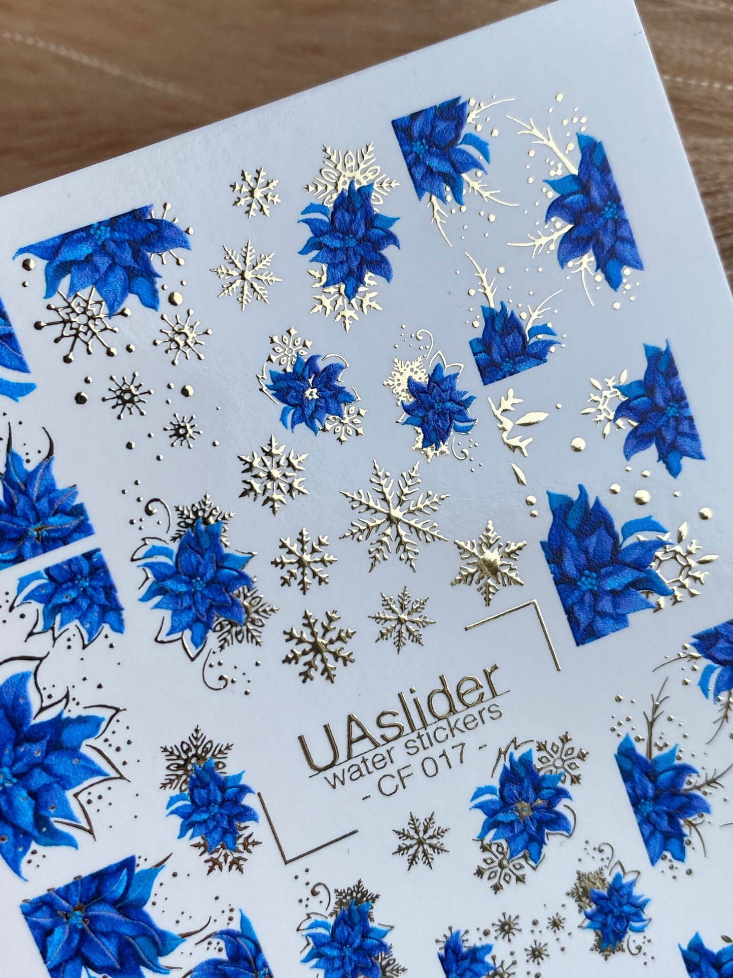 UA Slider 2D Nail Decal CF-017 Water Slide Nail Decals Blue Poinsettia and Gold Snowflakes
