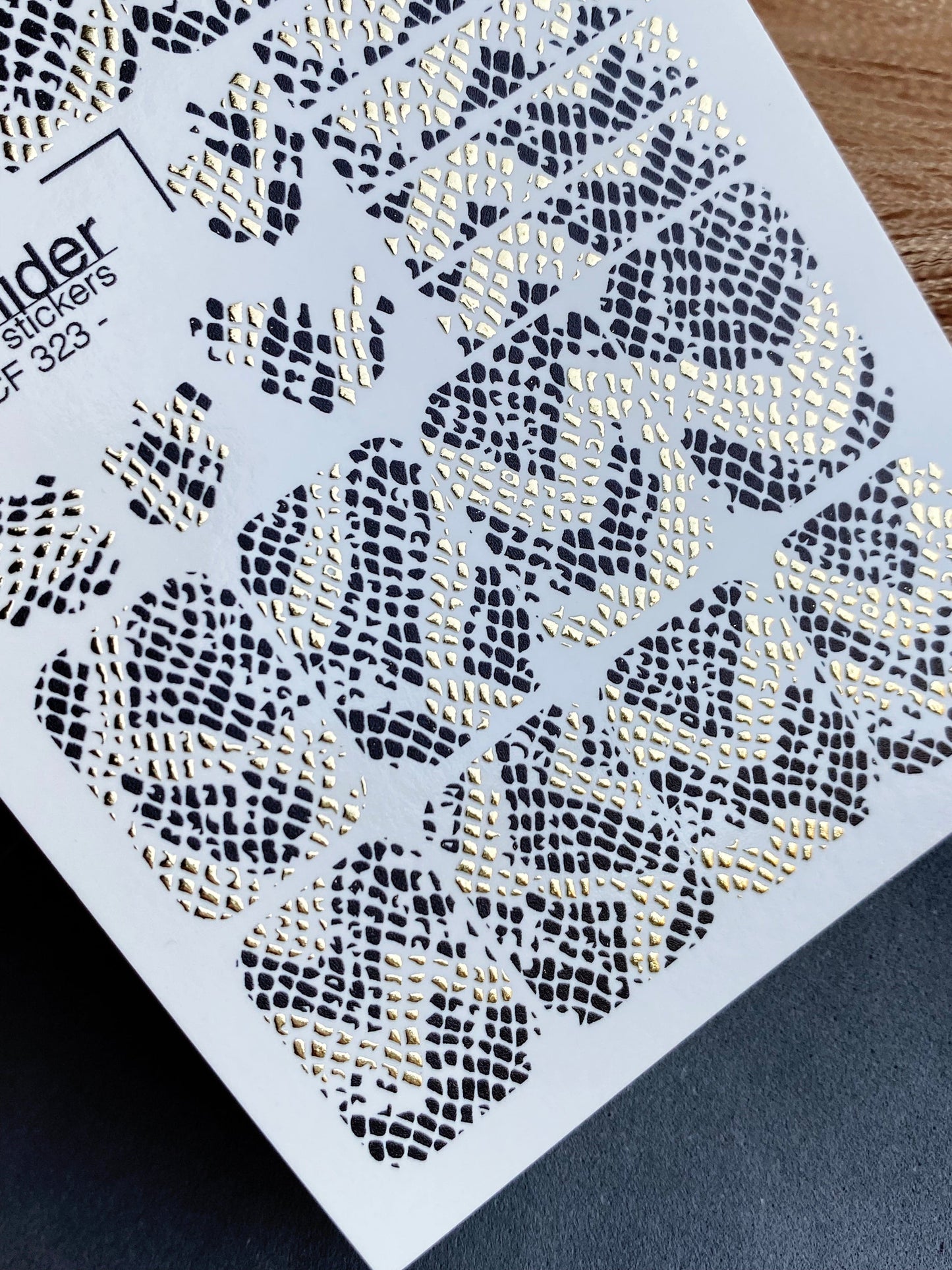 UA Slider 2D Nail Decal CF-323 Black Snake Print with Gold Foil Nail Decals