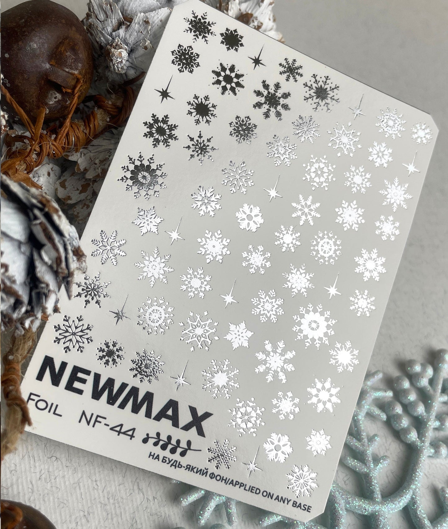 New Max 2D Nail Decal NF-44/ Snowflake Nail Decal Silver FOIL / Winter Snowflakes / Silver Christmas Nails