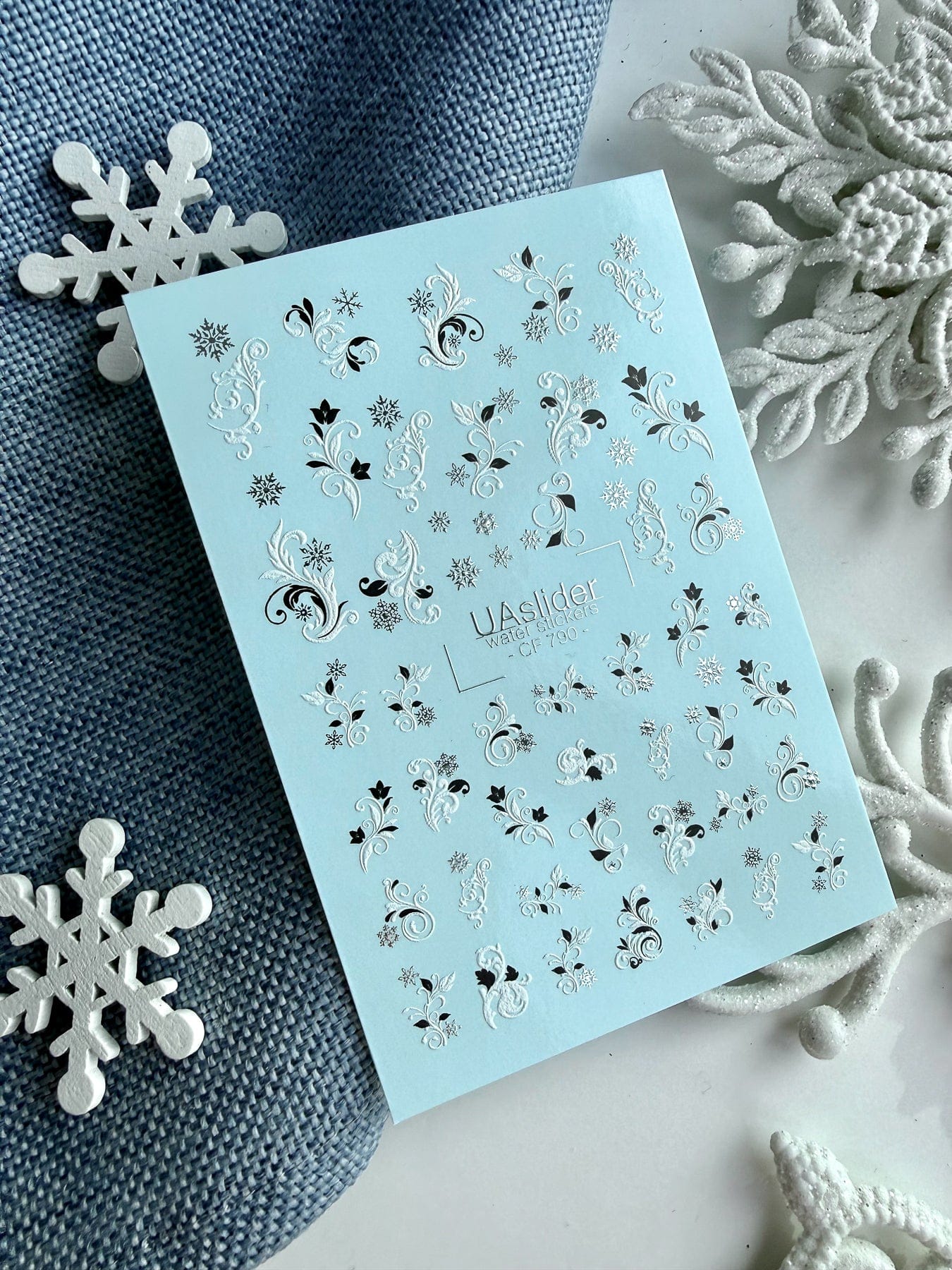 UA Slider 2D Nail Decal CF-790 Winter Floral Silver Foil Snowflake Nail Water Decals - Black & White Swirl Designs