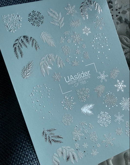 UA Slider 2D Nail Decal CF-785 Silver Snowflake & Winter Foliage Nail Decals