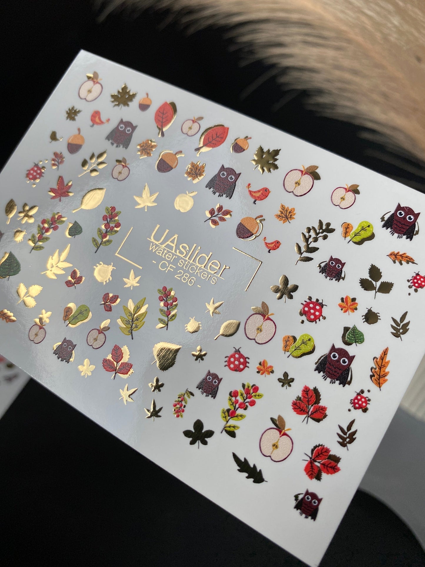 UA Slider 2D Nail Decal CF-286 Nail Water Decal Gold FOIL/ Autumn Owl / Fall Leaves/ Apples /Autumn Designs/Fall Nails