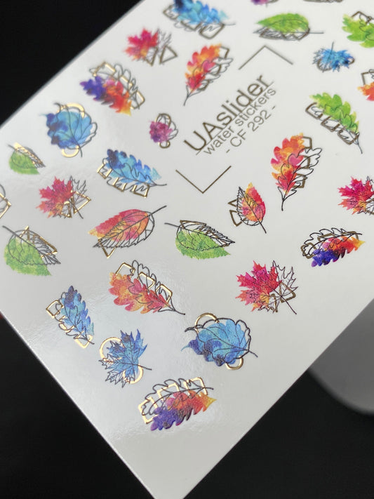 UA Slider 2D Nail Decal CF-292 Nail Water Decal Gold FOIL/ Multicolor Autumn Leaves / Botanical Nails/ Fall Nails
