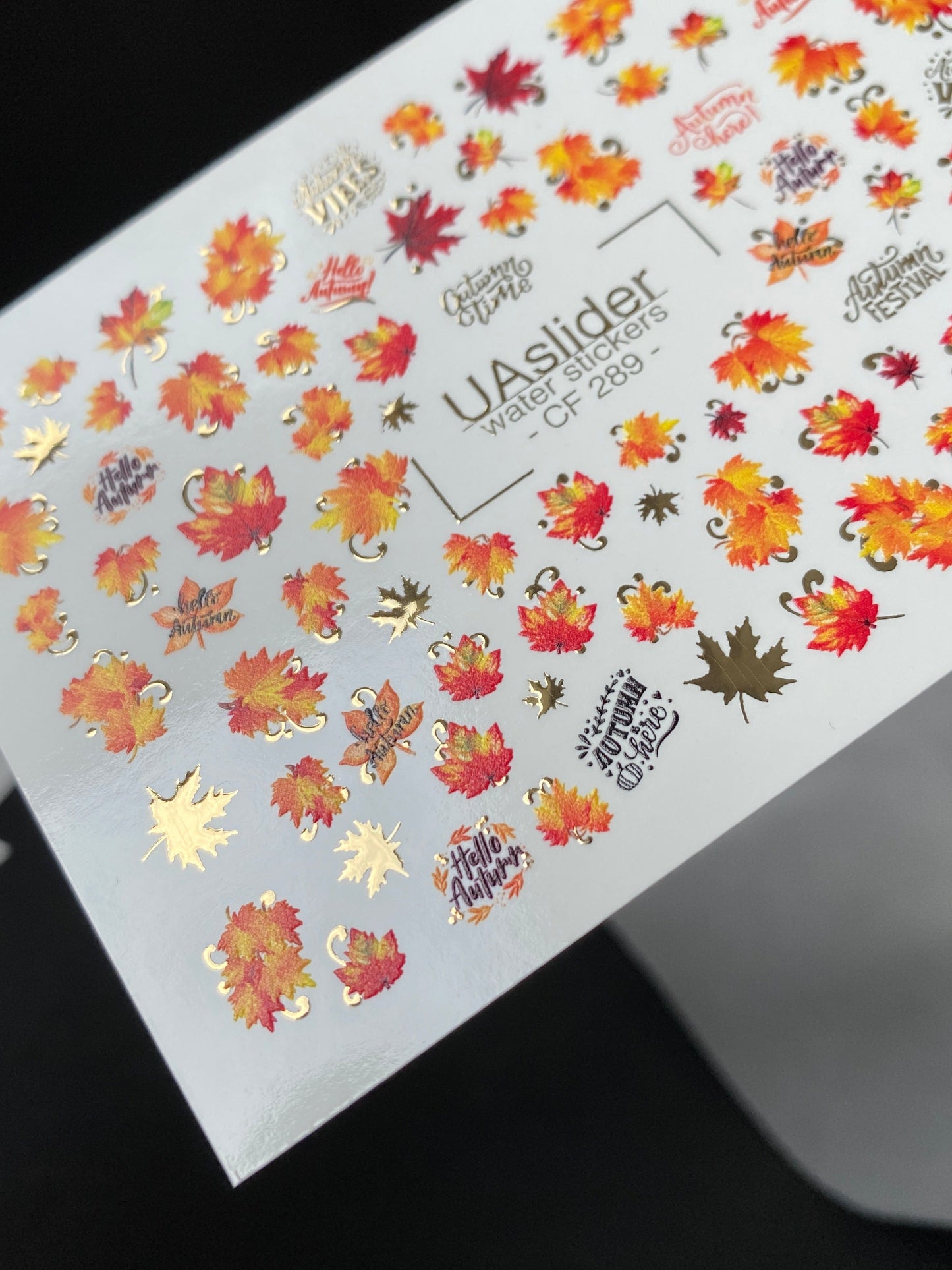UA Slider 2D Nail Decal CF-289 Nail Water Decal Gold FOIL/ Autumn/ Maple Leaves/ Warm Autumn Colors/ Thanksgiving Nails