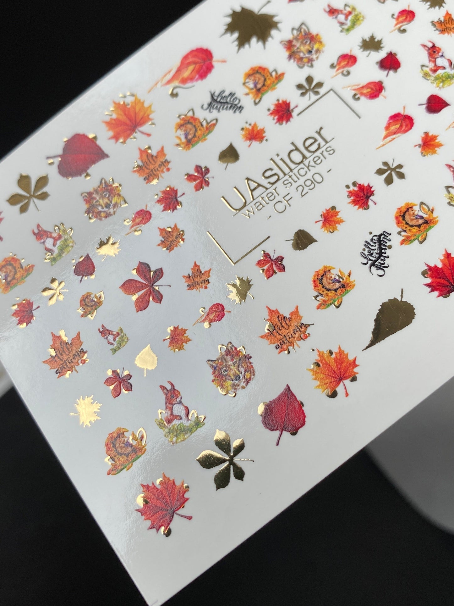 UA Slider 2D Nail Decal CF-290 Nail Water Decal Gold FOIL/ Autumn /Squirrel/ Leaf/ Colorful Leaves/ Thanksgiving Nails