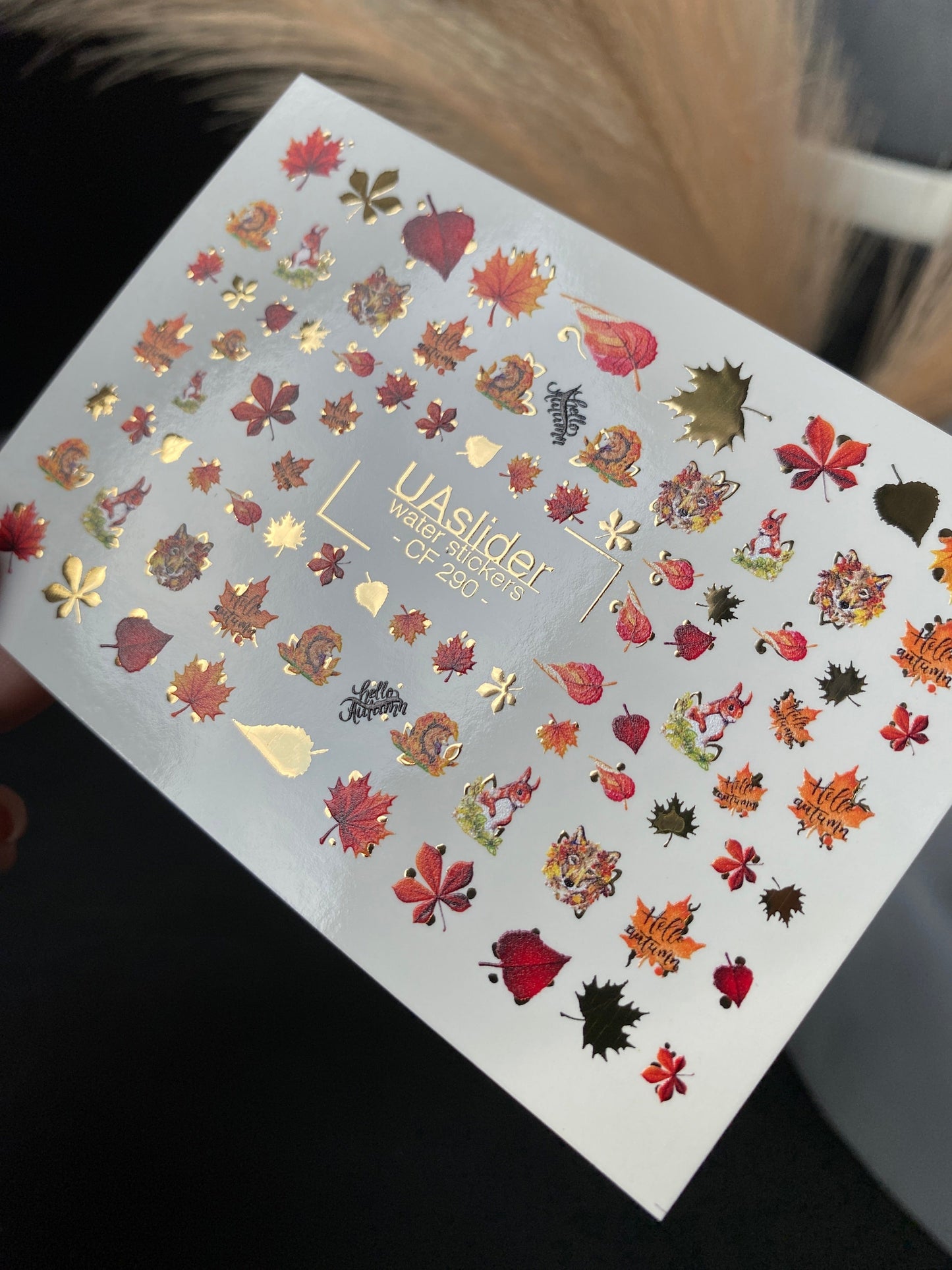 UA Slider 2D Nail Decal CF-290 Nail Water Decal Gold FOIL/ Autumn /Squirrel/ Leaf/ Colorful Leaves/ Thanksgiving Nails