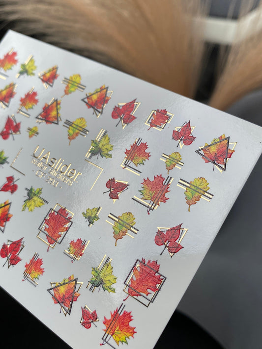 UA Slider 2D Nail Decal CF-293 Nail Water Decal Gold FOIL/ Geometric/ Maple Leaf/ Modern Nails/ Red and Yellow Maple Leaves