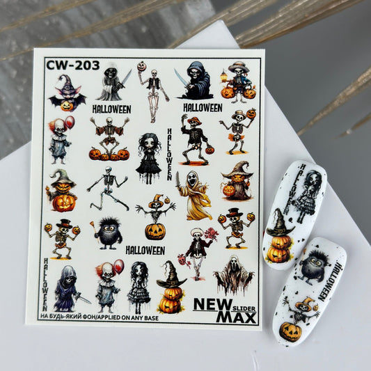 New Max 2D Nail Decal CW-203 / Nail Water Decal – Halloween, Skeletons, Pumpkins, Ghosts, Witches, Spooky Nail Designs.