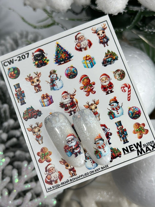 New Max 2D Nail Decal CW-207 / Nail Water Decals, Santa, Gingerbread man, Reindeer, Winter, Snowman, Candy Cane
