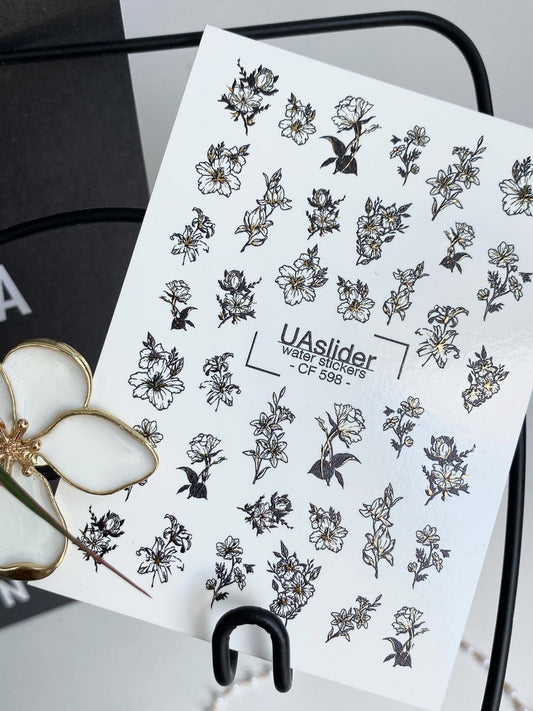 UA Slider 2D Nail Decal CF-598 Gold Accents Black Floral Nail Water Decals