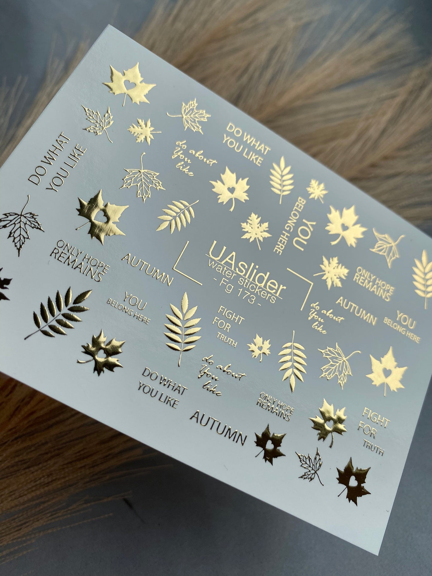 UA Slider 2D Nail Decal FG-173 Gold Foil Nail Water Decal / Autumn Leaves/ Maple Leaves / Inspiring Phrases / Fall Vibes