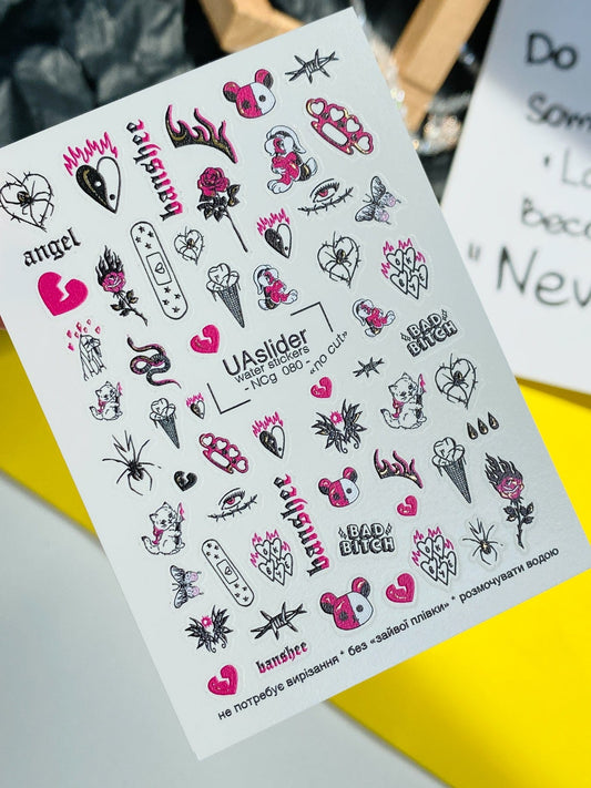 UA Slider 2D Nail Decal NCG-080 No-Cut Pink & Black Emo Nail Water Decals