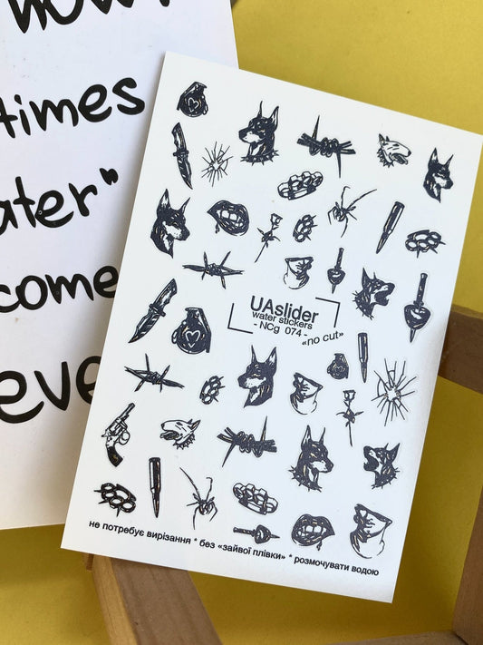 UA Slider 2D Nail Decal NCG-07/ NCG-074 NO CUT Gold Foil Gothic Nail Decals – Doberman, Spider, Barbed Wire, Punk Tattoo Nail Art