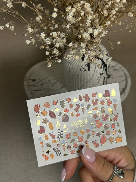 UA Slider 2D Nail Decal CF-288 Nail Water Decal Gold FOIL/ Autumn /Woodland/Forest/ Fall /Leaves/ Animals/ Maple Leaves