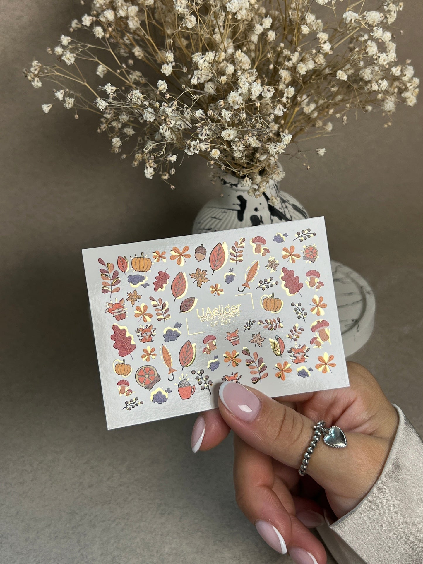 UA Slider 2D Nail Decal CF-287 Nail Water Decal Gold FOIL/ Autumn /Forest/ Fall /Leaves/ Colorful Maple Leaves