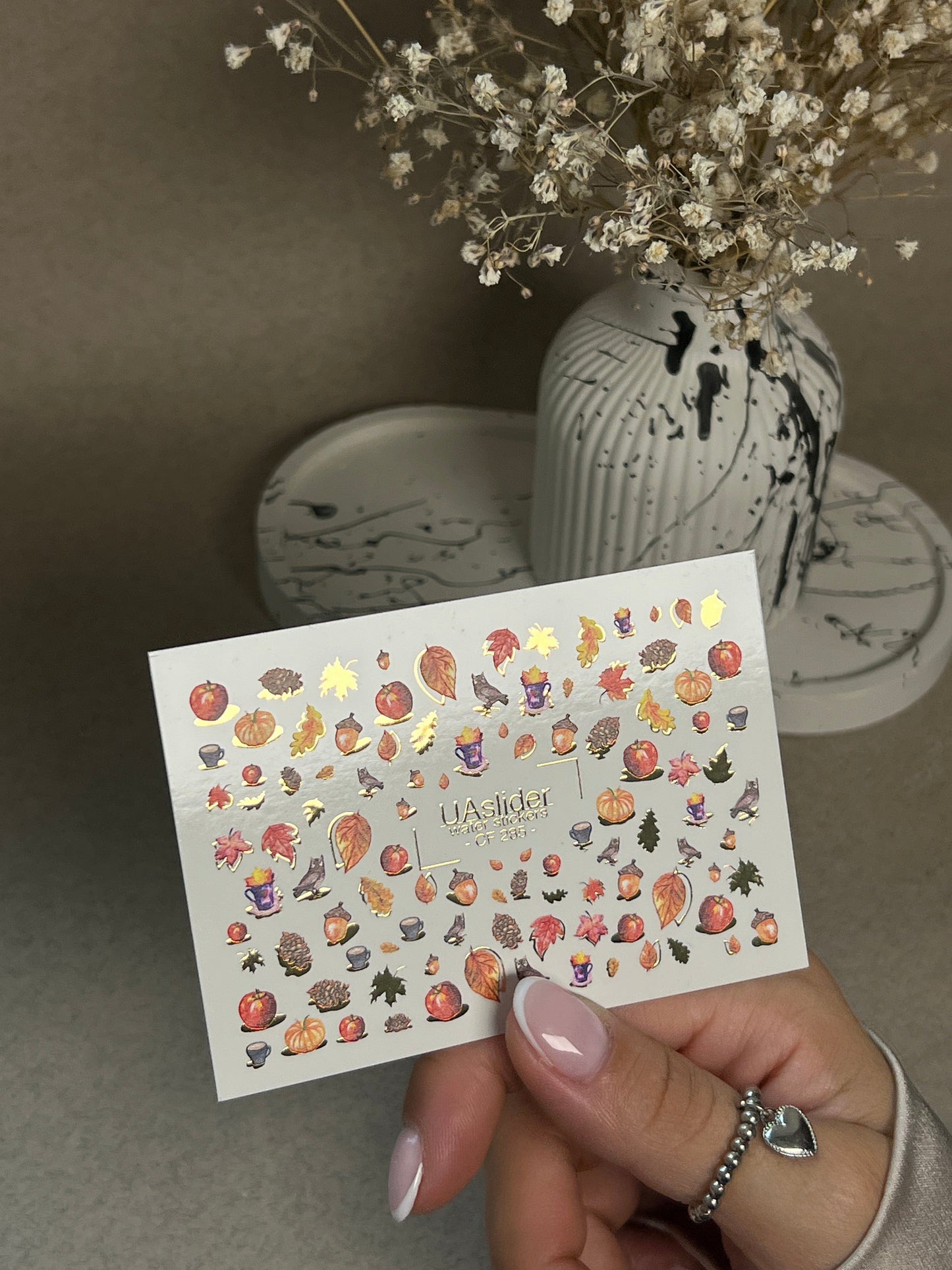 UA Slider 2D Nail Decal CF-285 Nail Water Decal Gold FOIL/ Autumn Harvest / Fall Pumpkins/ Leaves/ Acorns/ Fall Nails