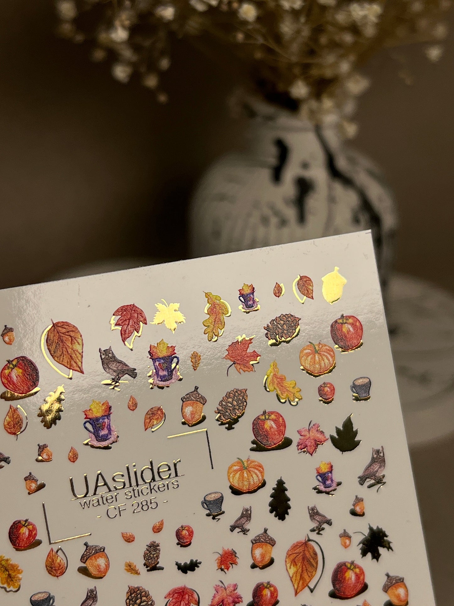 UA Slider 2D Nail Decal CF-285 Nail Water Decal Gold FOIL/ Autumn Harvest / Fall Pumpkins/ Leaves/ Acorns/ Fall Nails