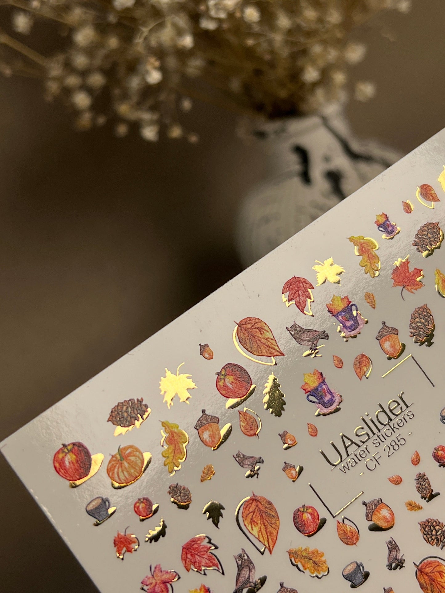 UA Slider 2D Nail Decal CF-285 Nail Water Decal Gold FOIL/ Autumn Harvest / Fall Pumpkins/ Leaves/ Acorns/ Fall Nails