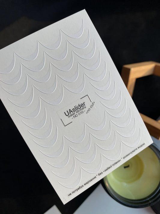 UA Slider 2D Nail Decal NC-010 No-Cut White Crescent French Tip Water Decals – Soft Curved French Nail Art