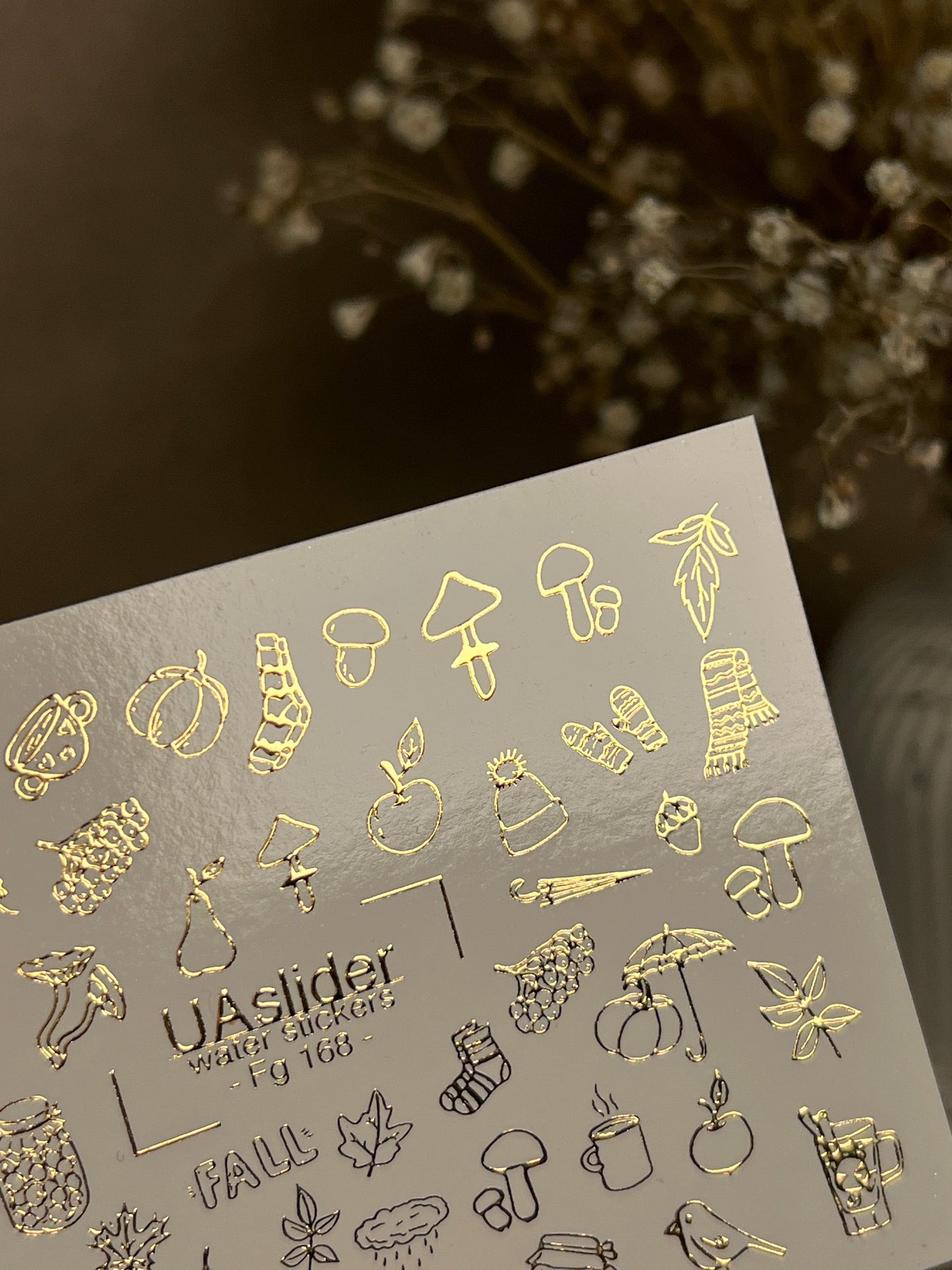 UA Slider 2D Nail Decal FG-168 Gold Foil Nail Water Decal /Autumn Nails / Fall Icons/ Leaves/ Acorns/ Pumpkins