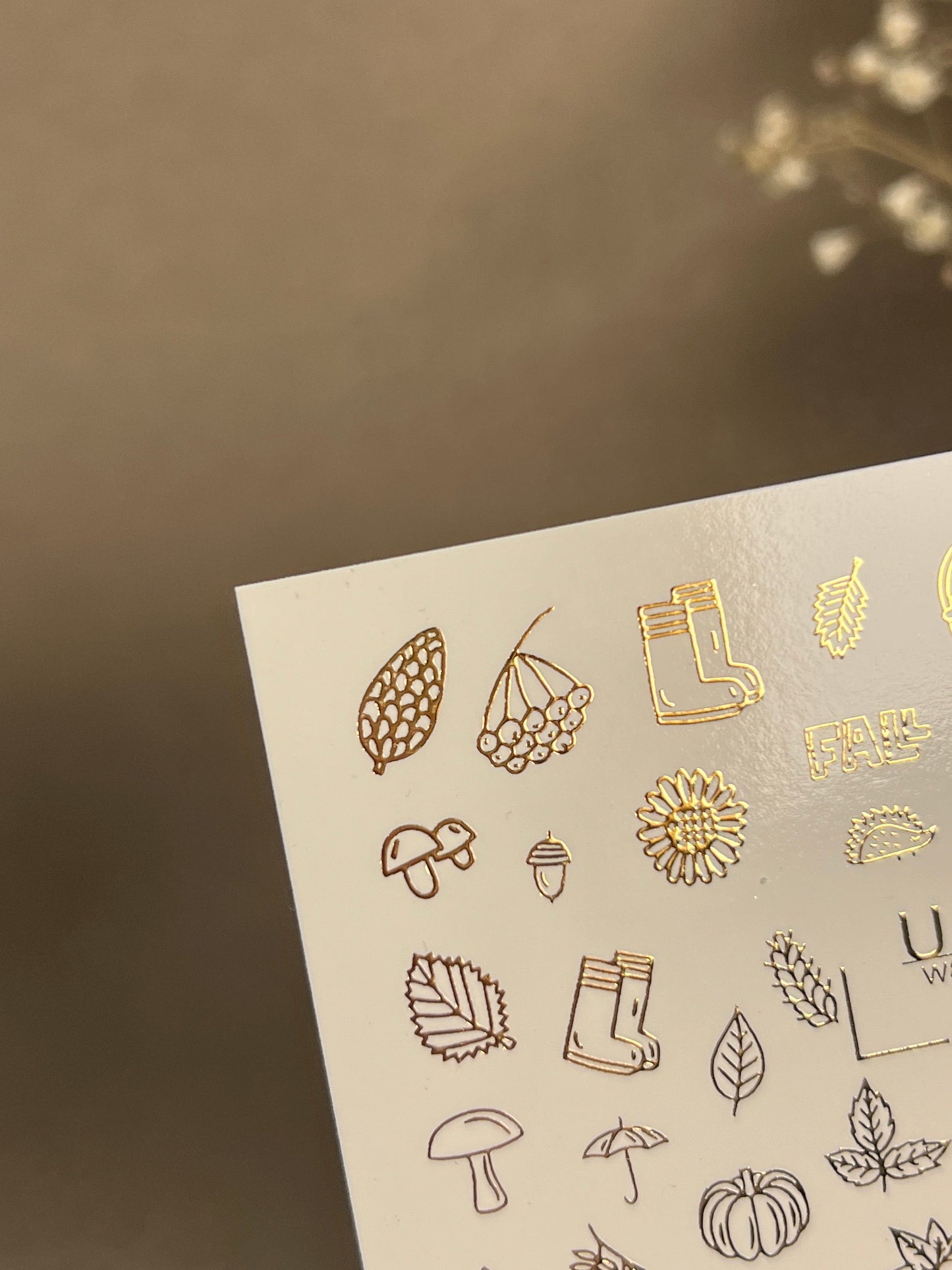 UA Slider 2D Nail Decal FG-169 Gold Foil Nail Water Decal /Autumn Vibes / Fall Icons/ Pinecones/ Leaves/ Acorns/ Mushrooms