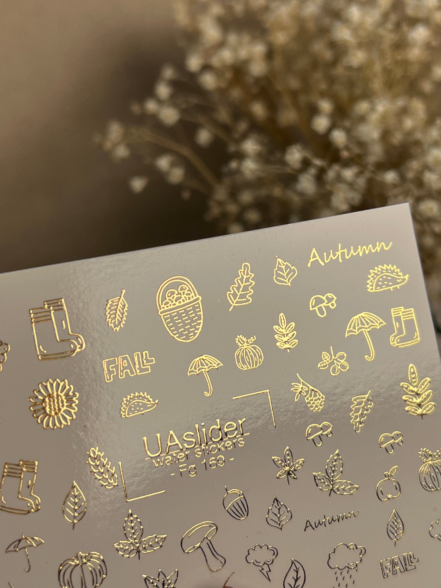 UA Slider 2D Nail Decal FG-169 Gold Foil Nail Water Decal /Autumn Vibes / Fall Icons/ Pinecones/ Leaves/ Acorns/ Mushrooms
