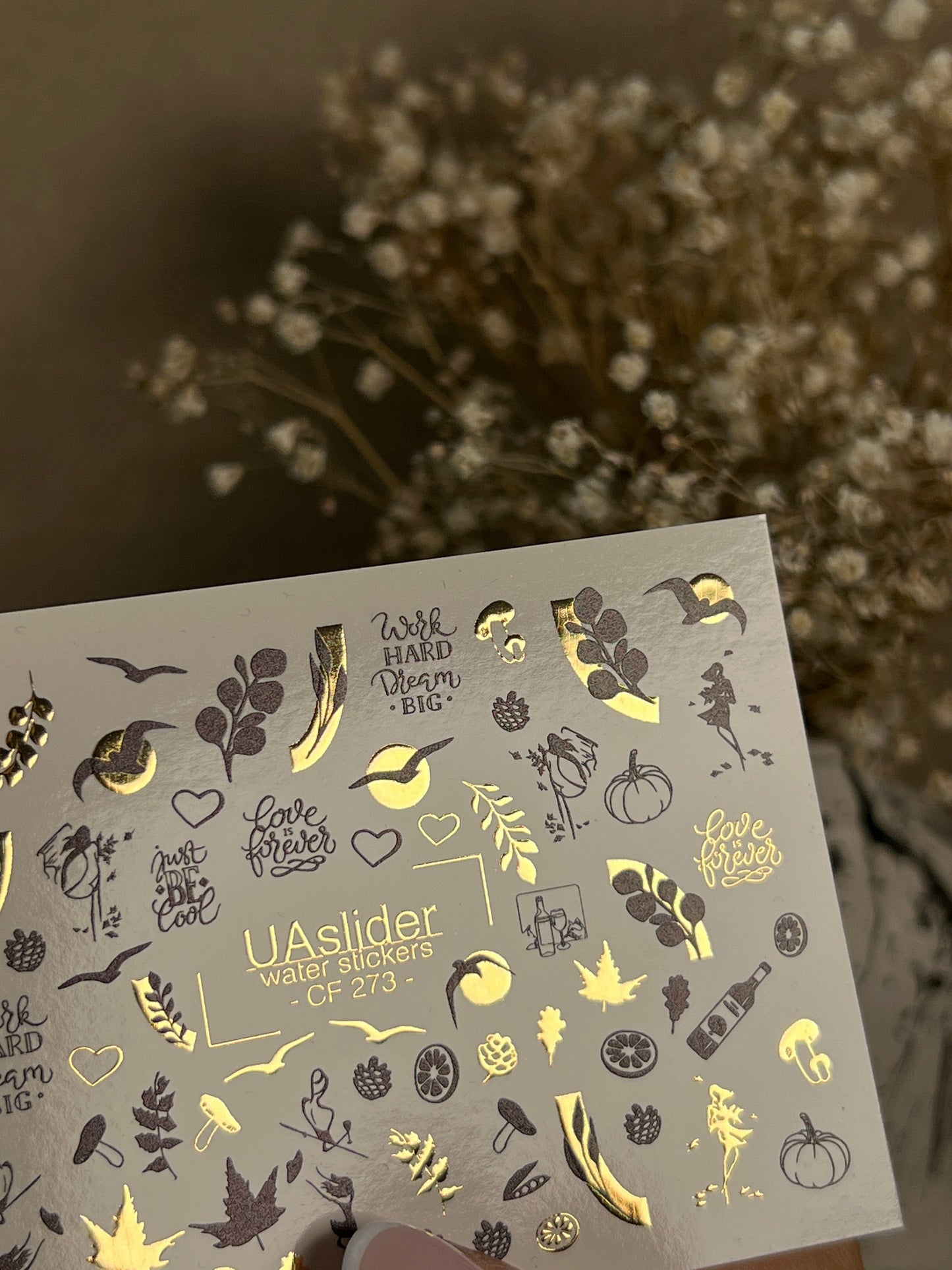 UA Slider 2D Nail Decal CF-273 Nail Water Decal Gold FOIL/ Autumn/ Pumpkins/ Thanksgiving/ Leaves/Citrus/ Black & Gold/ Quotes