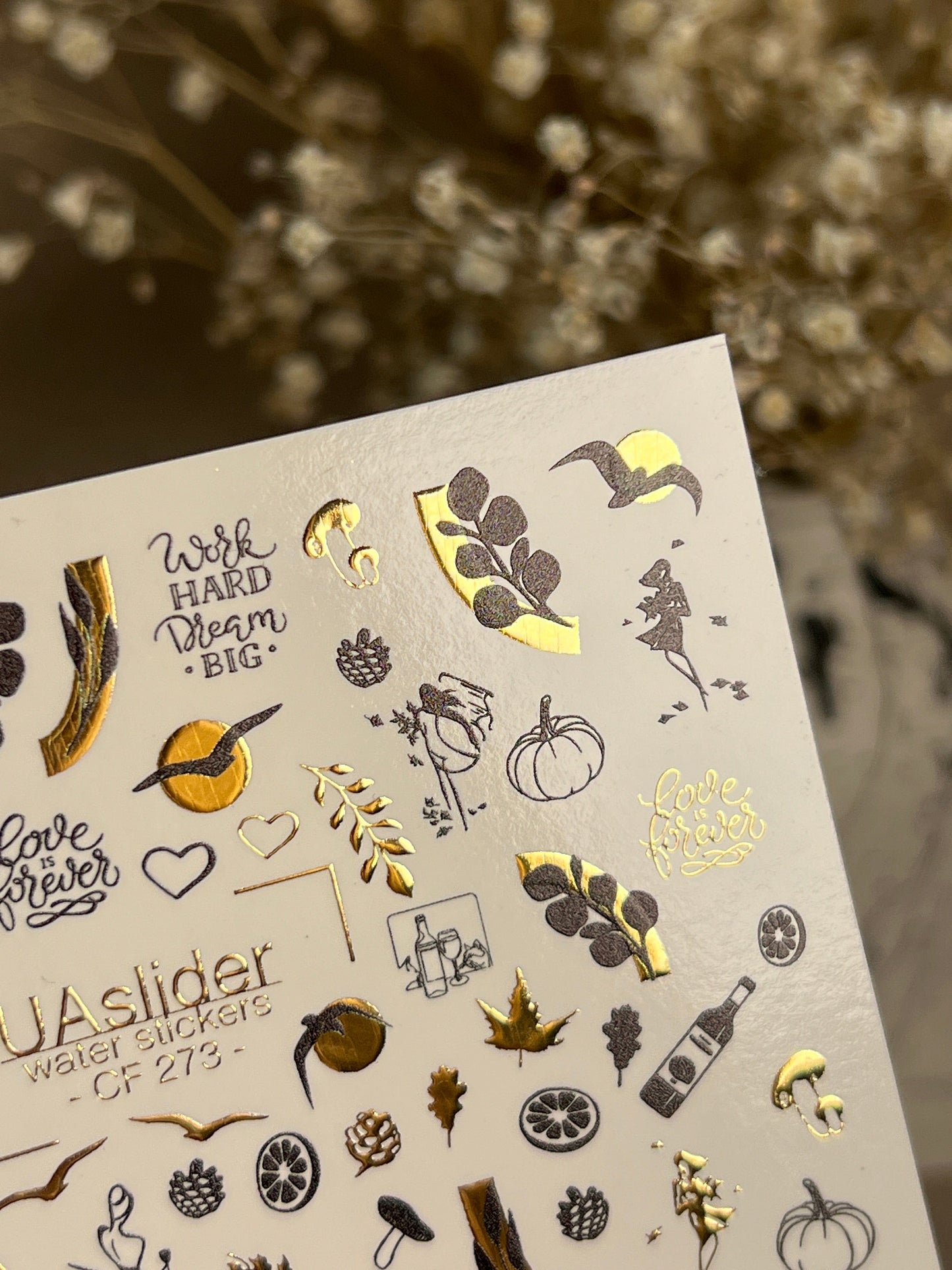 UA Slider 2D Nail Decal CF-273 Nail Water Decal Gold FOIL/ Autumn/ Pumpkins/ Thanksgiving/ Leaves/Citrus/ Black & Gold/ Quotes