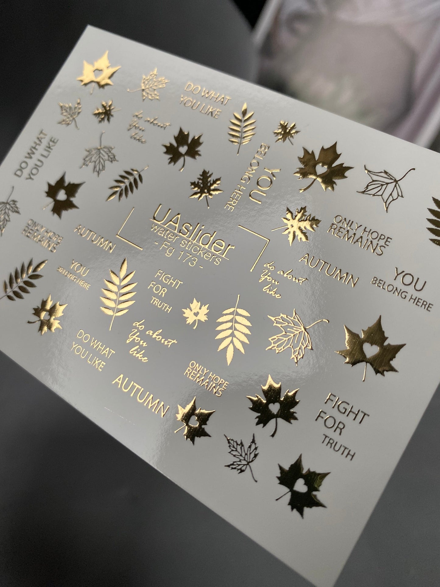 UA Slider 2D Nail Decal FG-173 Gold Foil Nail Water Decal / Autumn Leaves/ Maple Leaves / Inspiring Phrases / Fall Vibes