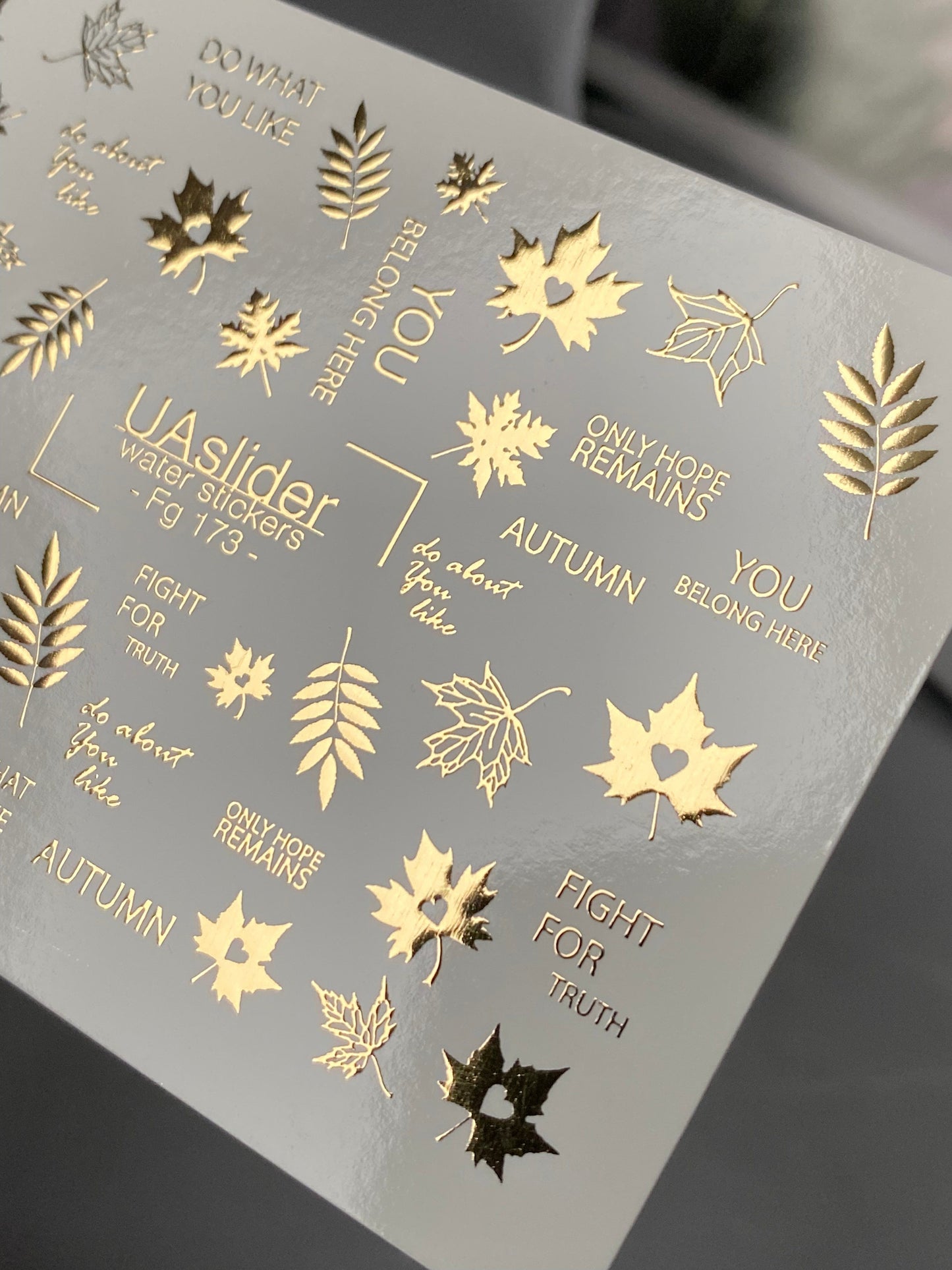 UA Slider 2D Nail Decal FG-173 Gold Foil Nail Water Decal / Autumn Leaves/ Maple Leaves / Inspiring Phrases / Fall Vibes