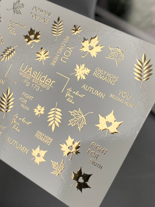 UA Slider 2D Nail Decal FG-173 Gold Foil Nail Water Decal / Autumn Leaves/ Maple Leaves / Inspiring Phrases / Fall Vibes