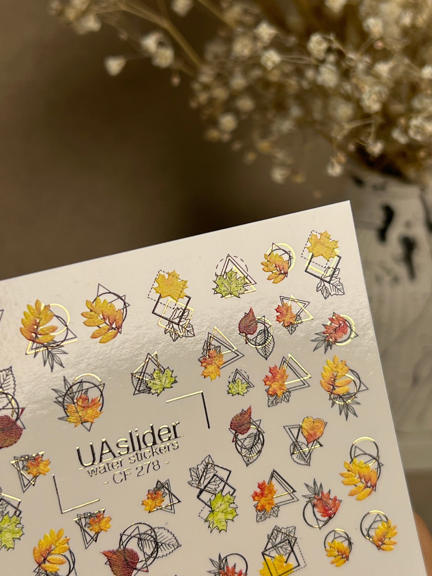 UA Slider 2D Nail Decal CF-278 Nail Water Decal Gold FOIL/ Geometric Autumn Leaf /Abstract Nails / Thanksgiving Manicures / Botanical