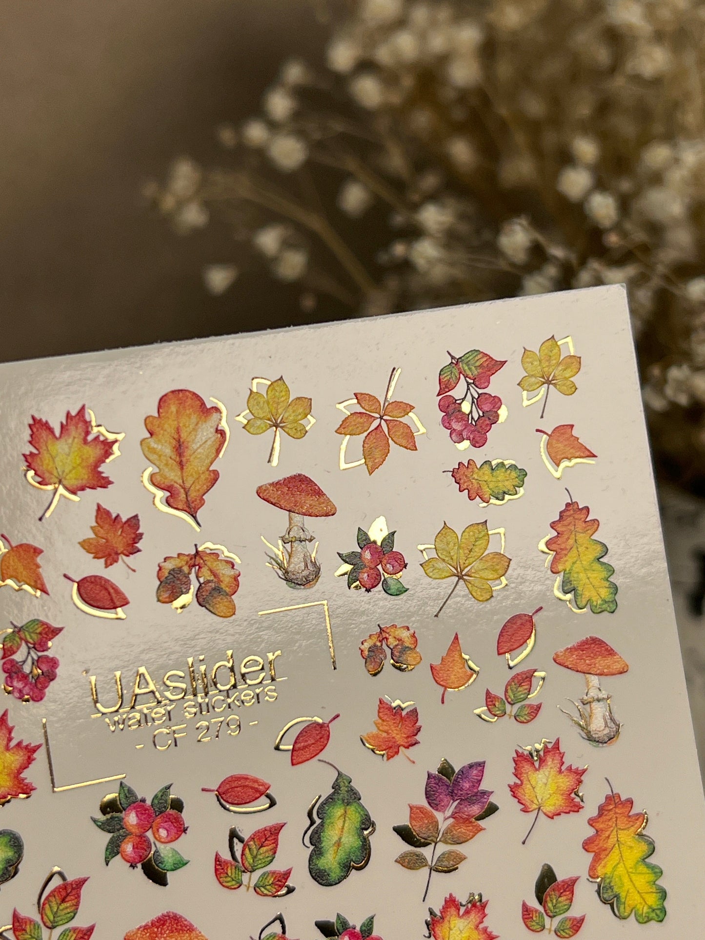 UA Slider 2D Nail Decal CF-279 Nail Water Decal Gold FOIL/ Colorful Fall /Leaves/Flowers/ Colorful Maple Leaves/ Berries/ Water Nail Decals/ Water Stickers/Nail Art