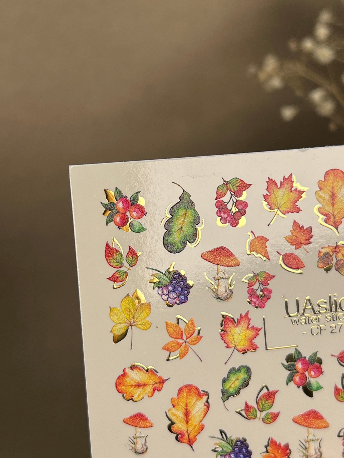 UA Slider 2D Nail Decal CF-279 Nail Water Decal Gold FOIL/ Colorful Fall /Leaves/Flowers/ Colorful Maple Leaves/ Berries/ Water Nail Decals/ Water Stickers/Nail Art